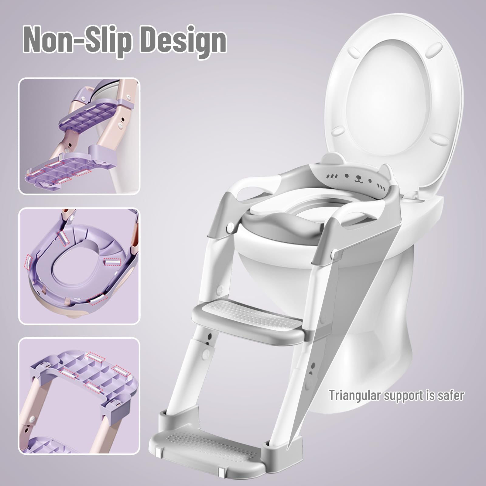 Reducteur Toilette Enfant, Siège Toilette Enfants 3 en 1 Trainer Pot WC, Siège de Toilette, Rehausseur Toilette Enfant avec Coussin pour Enfants Garçons et Filles, Réglable en Hauteur (Gris)
