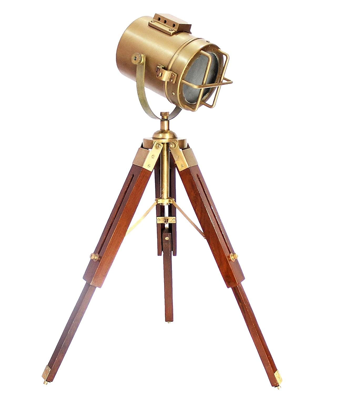 Vintage Nautical Tripod Floor Lamp | Industrial Searchlight Spotlight Lamp | Wooden Tripod Stand with Adjustable Head | Antique Brass Finish | Home, Office, Studio Décor Lighting-picture-32