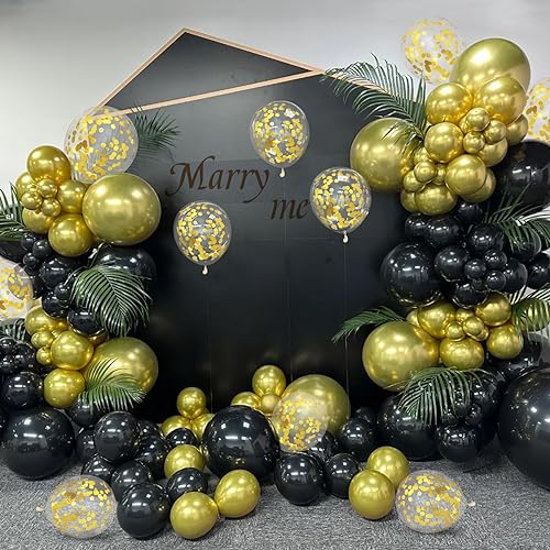 Image of Black and Gold Balloons Kit, 12 Inches Metallic Gold Balloons Confetti Balloon and Black Balloons with Ribbon for Birthday Graduation New Year Decorations.50Pcs