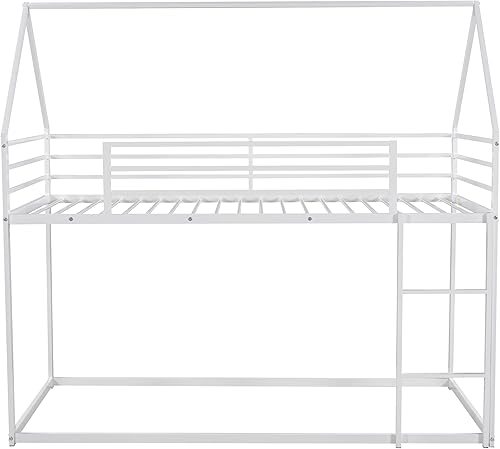 Miniatura 7 de Harper & Bright Designs Litera de metal para niños, cama individual sobre individual, litera baja con forma de casa, techo, escalera, barandilla de