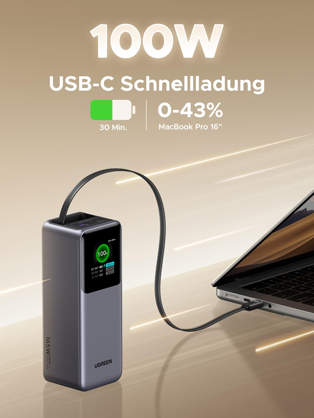 UGREEN Nexode Pro Power Bank 20000mAh 165W mit 65cm integriertem Kabel | 2x USB-C+1x USB-A, USB-C Port max. 100W, TFT Display, für Reisen/Büro, Laptop/Handy-Aufladung, Kompatibel mit MacBook, iPhone