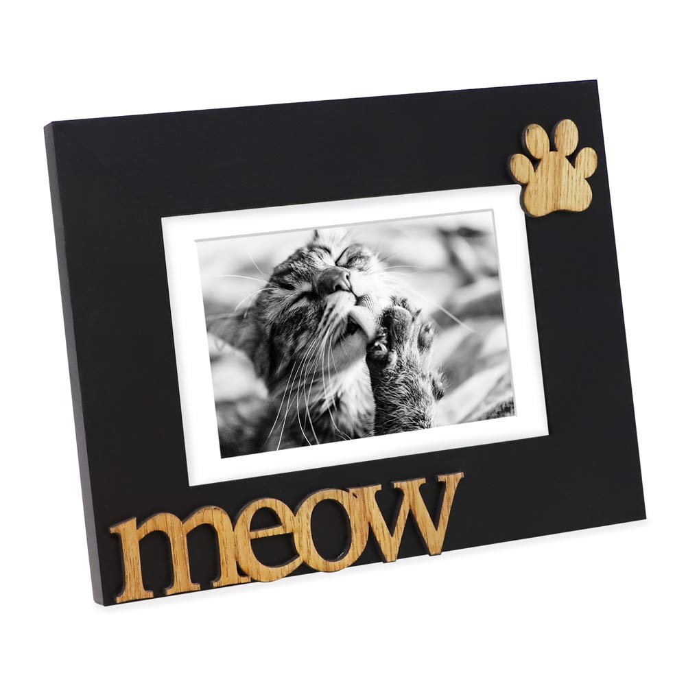Isaac JacobsBlack Wood Sentiments Cat “Meow” Picture Frame, 5x7 inch with Mat, Photo Gift for Pet Cat, Kitten, Display on Tabletop, Desk (Black, 5x7 (Matted 4x6))