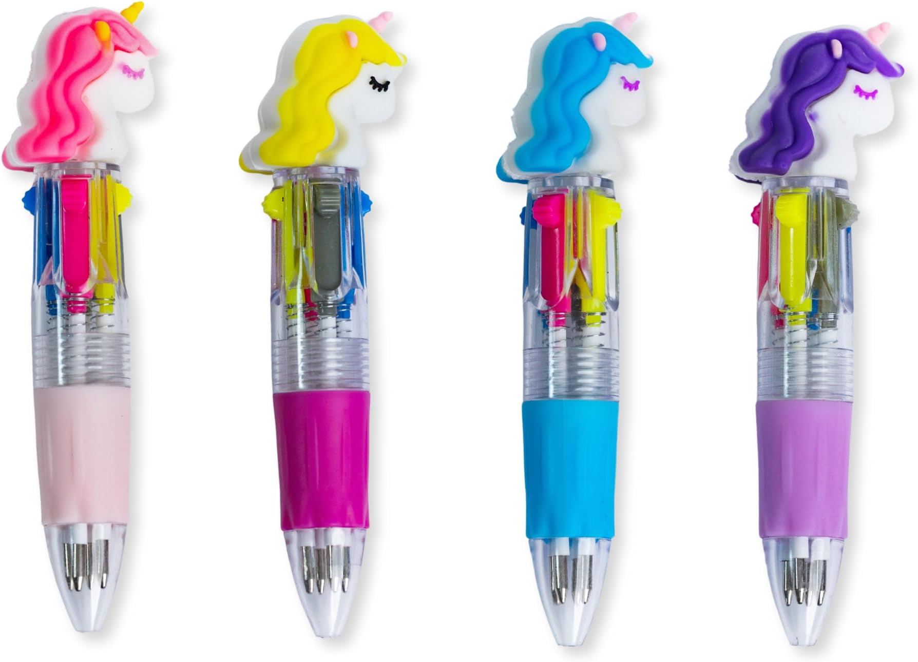 12 x Unicorn Four Colour Pens, Party Bag Fillers for Girls, Cute Mini Unicorn Stationary for Gifts and Favours, Multi-Coloured Pens 4 in 1, Pack of 12