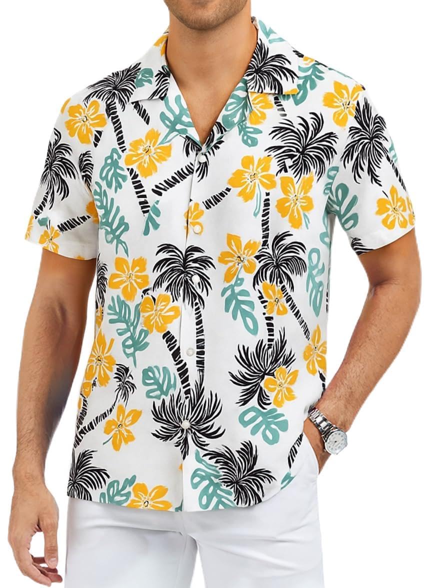 Camicia hawaiana da uomo a maniche corte floreale con palma abbottonata tropicale vacanza spiaggia camicia