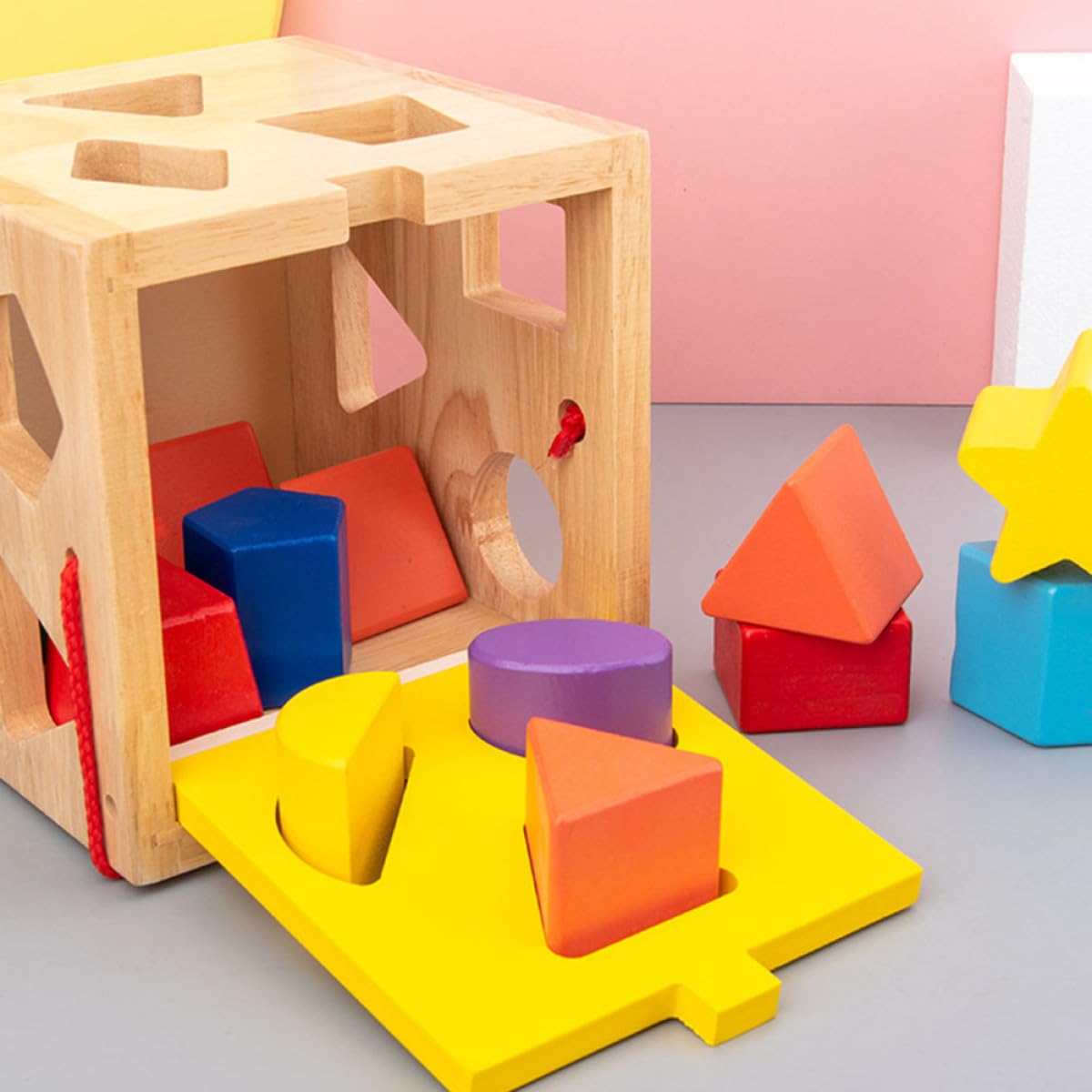 FRCOLOR Caja de Bloques de Construcción de Madera Premium con Juguete Educativo de Clasificación de Formas para Desarrollo de Habilidades Motoras y Rompecabezas Montessori