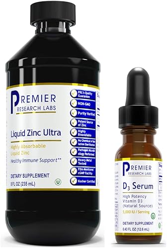 Premier Research Labs Liquid Zinc Ultra (Ensayo de Zinc Líquido) (8 fl oz) y suero D3 (0.46 fl oz)