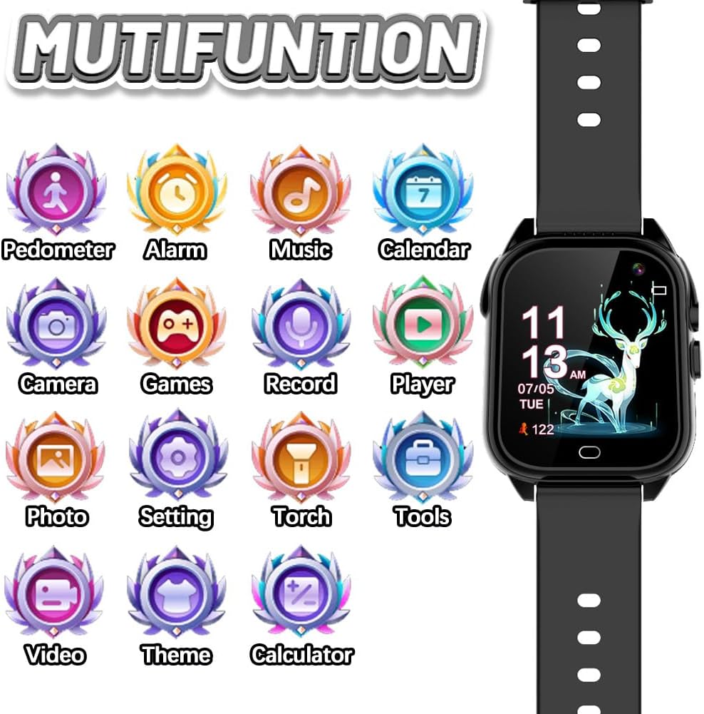 OVV Kids Waterproof Smart Watch Boys Girls Age 3-12 with 26 Game 1.44'' HD Touch Screen Music Player Camera Video Recorder 12/24 Hr Clock Pedometer Alarm Torch Calculator Children Learning Toys