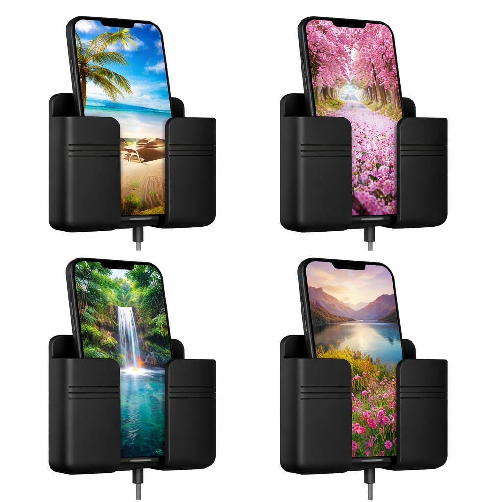 Wall Mount Mobile Holder with Charging Support & Dual Hooks | Pack of 4 Phone Stands for Bathroom, Kitchen, Bedroom | ABS Plastic (Black Pack of 4)-image-42