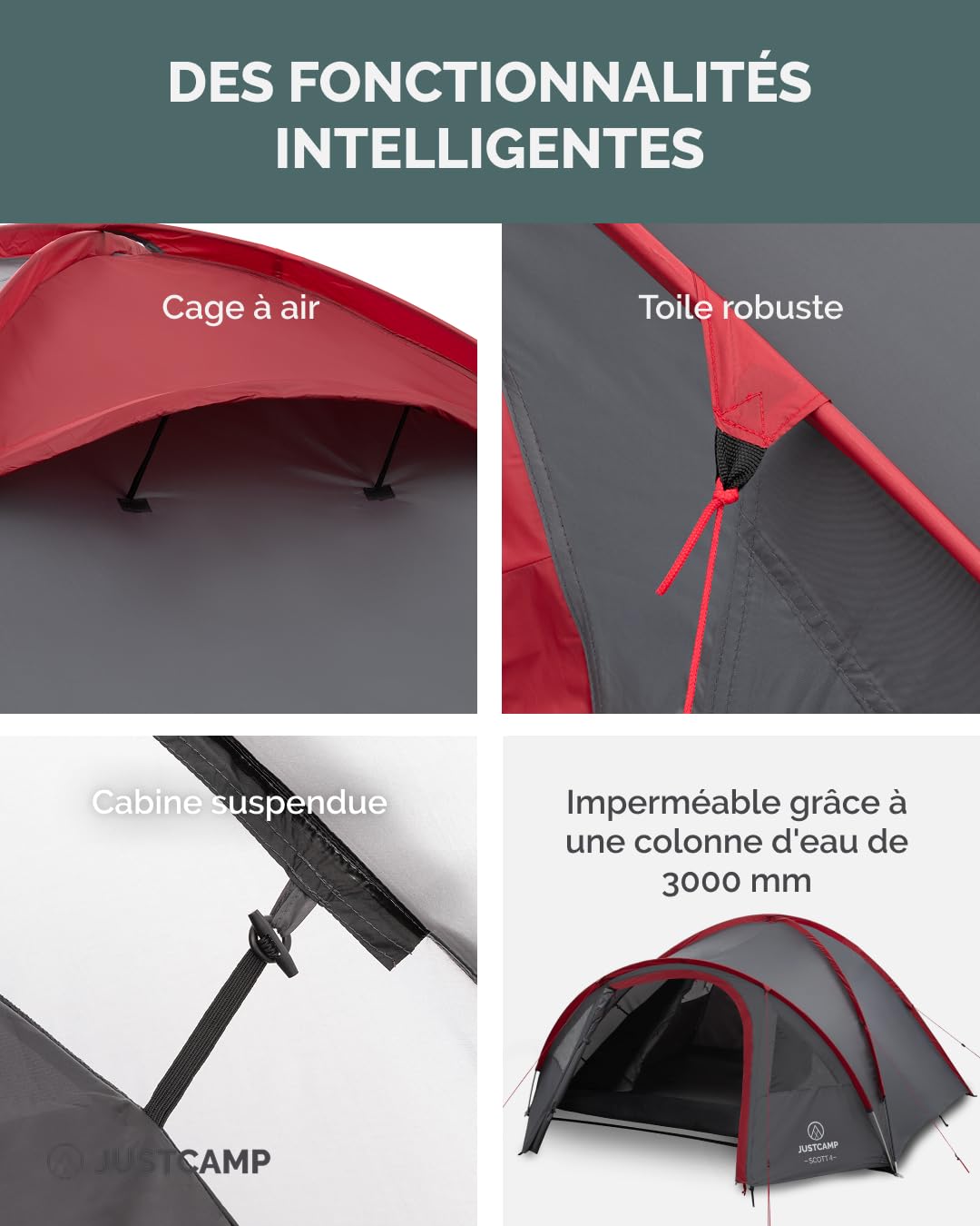 JUSTCAMP Scott Tente Igloo 4 Personnes - Abri de Camping dôme Pliable, moustiquaire - compacte, Premium - 4 Places - Igloo Tent 4 Personne, Tente extérieure - 3 x 2,5 x 1,3 m - 4,5 kg - Gris/Noir