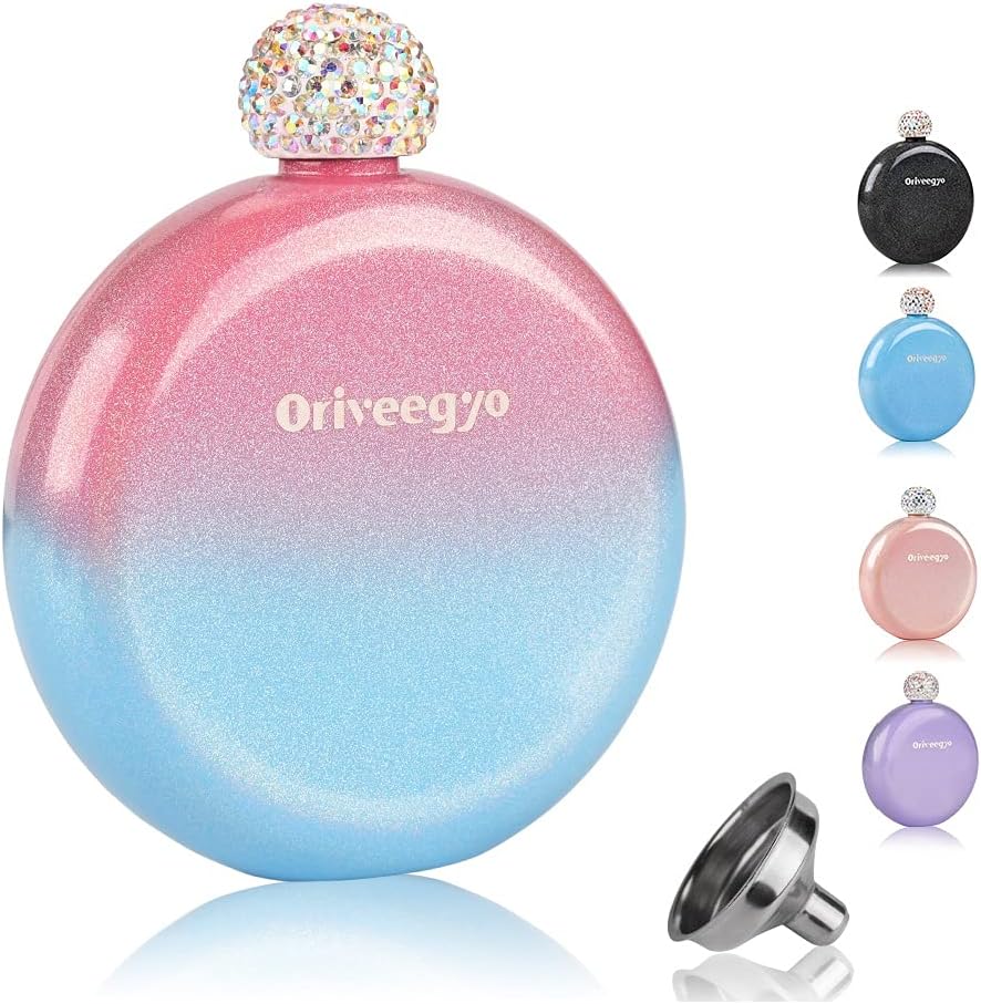 Glitter Hip Flask for Women & Ladies, Girls Pocket Stainless Steel Cute Curved Flask with Rhinestone Lid, 5oz Round Flask Gift Set with Funnel