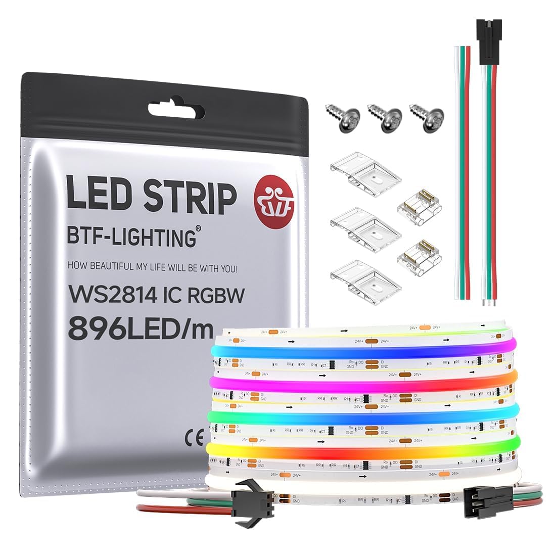 BTF-LIGHTING FCOB SPI WS2814 IC RGBNW(4000K) flessibile ad alta densità Striscia LED RGBW nastro LED 5M 896LEDs/m DC24V bianco PCB IP30 colore di inseguimento (senza controller e alimentazione)