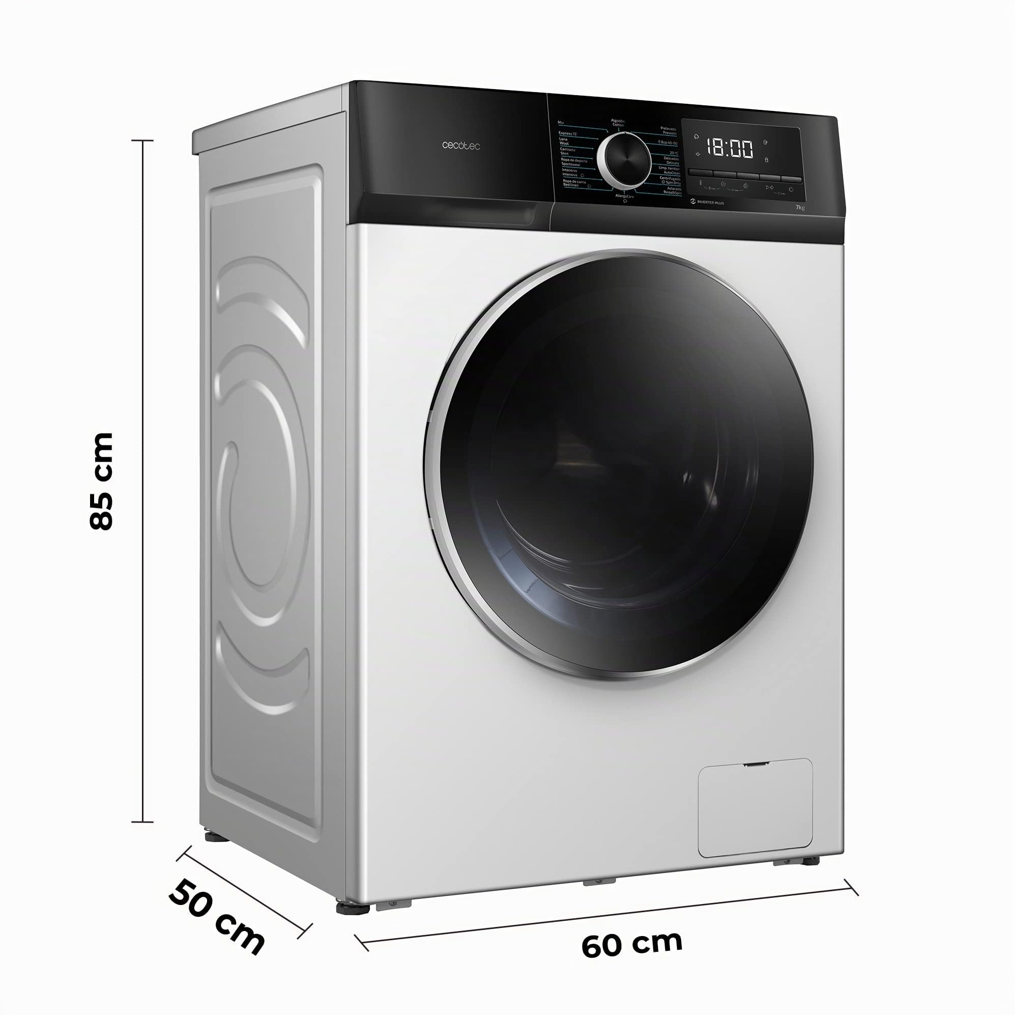 Cecotec Lavatrice Carica Frontale 7 Kg Bolero Dresscode 7410 Inverter A. 1850W, 1200 giri/min Regolabile, 16 Programmi, Motore Inverter Plus, Bassi Consumi, Vapore, Sterilizzazione Indumenti
