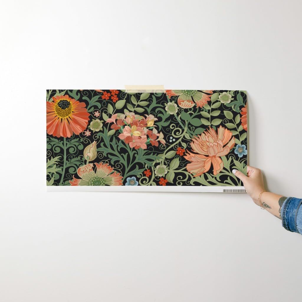 Spoonflower Removable Wallpaper Swatch - Art Nouveau Black Deco Floral Maximalist Flowers Flower Garden Victorian Inspired Custom Pre-Pasted Wallpaper