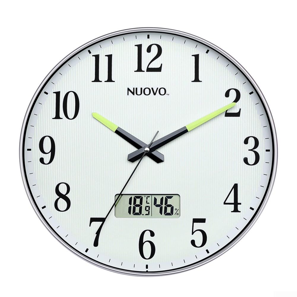 Horloge murale silencieuse 30,5 cm avec thermomètre LCD et veilleuse pour classe et salon