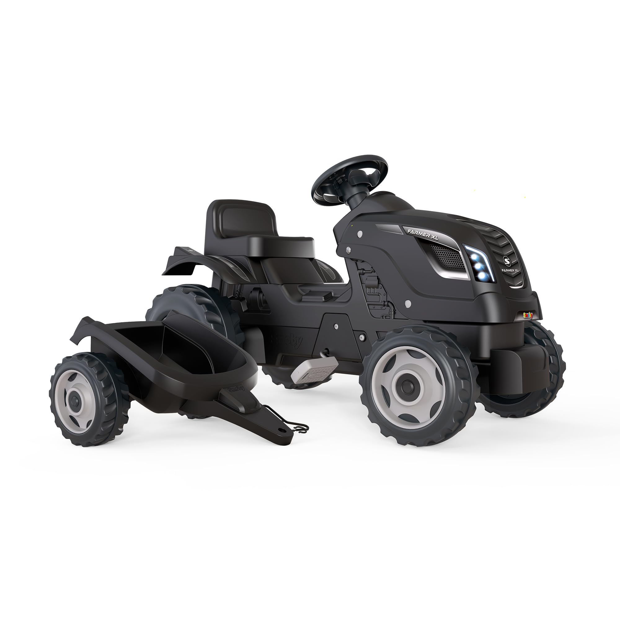 Smoby - Farmer XL Czarny Traktor + Przyczepa - Traktor na pedały dla dzieci - Regulowane Siedzenie - Kierownica z Klaksonem - Otwierana Maska - Od 3 Lat - Wyprodukowano We Francji