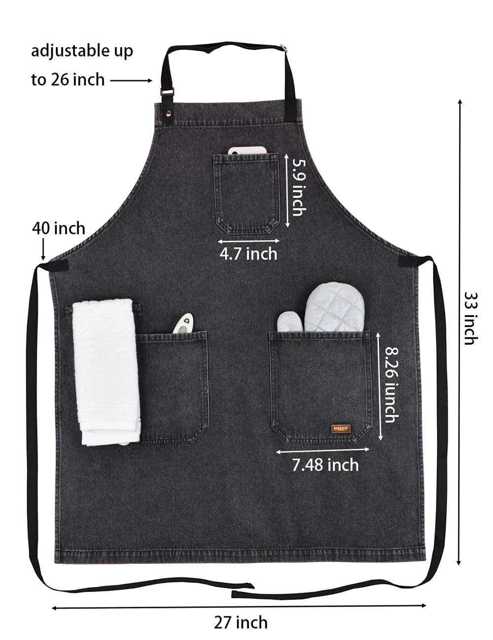 Delantal de chef profesional con bolsillos, delantal de mezclilla negro para cocina, cocina, parrilla, barbacoa, con lazo para toalla y correas ajustables para el cuello, Black Denim