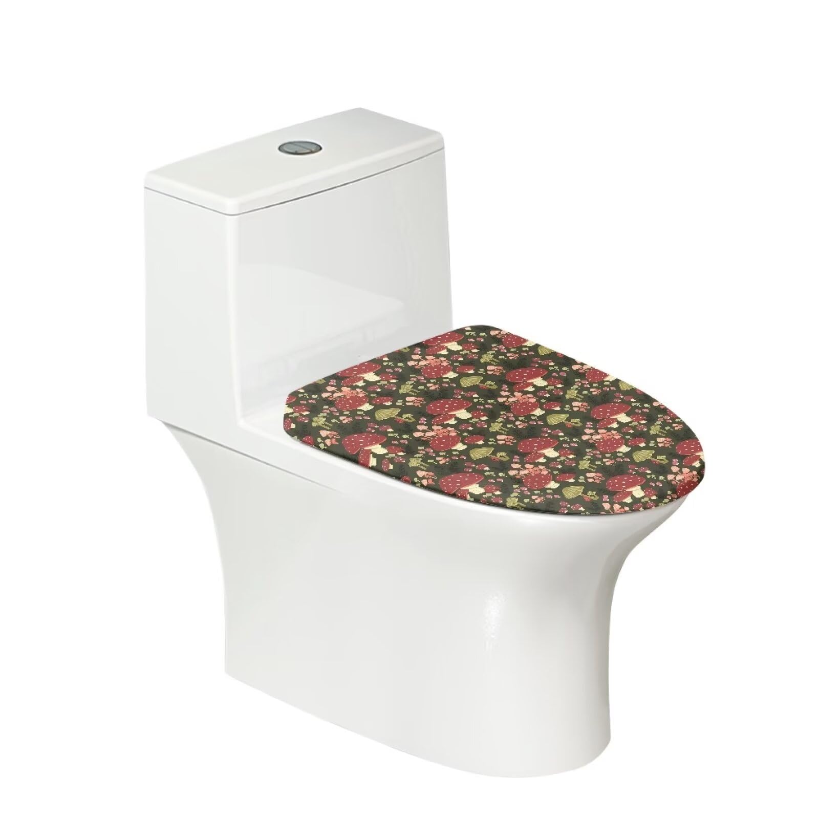 SEANATIVE Mushroom Print Toilet Lid Cover Washable Polyester Seat Cover with Elastic Edge for Bathroom, Toilet Lid Protector Cover Fits Most Round Elongated Lids