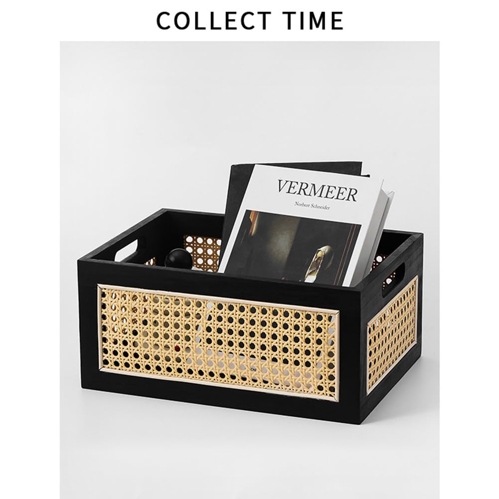 Cesta rectangular de almacenamiento, almacenamiento de tejido de madera cestas tejidas con mango | Cesta de almacenamiento de tejido con asa, organizador de escritorio, para casa, oficina, armario, estantería