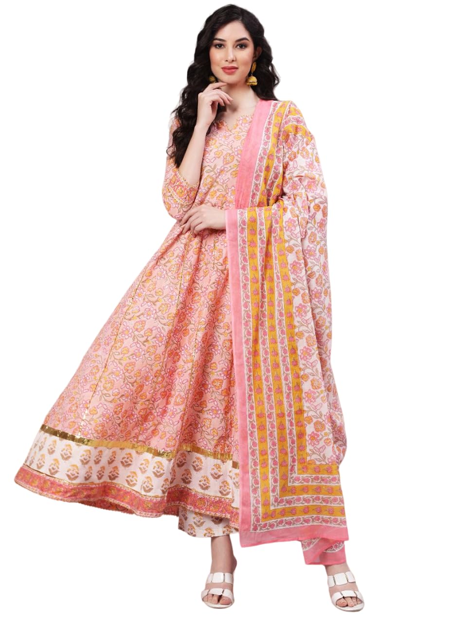 Glam Roots Women Cotton Printed Round Neck 3/4 Sleeve Anarkali Kurta and Pants with Dupatta