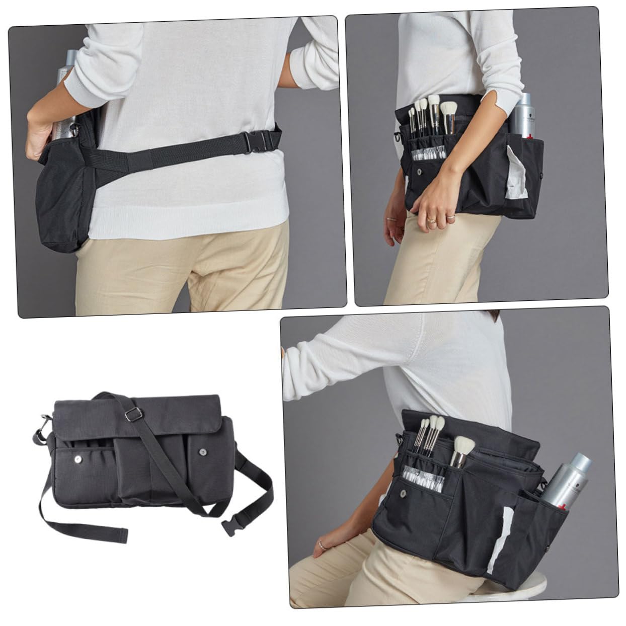 Borsa Porta Trucchi da Viaggio in Tela Nera, Custodia per Pennelli Make Up Portatile Cinturino, Facile da Aprire e Chiudere