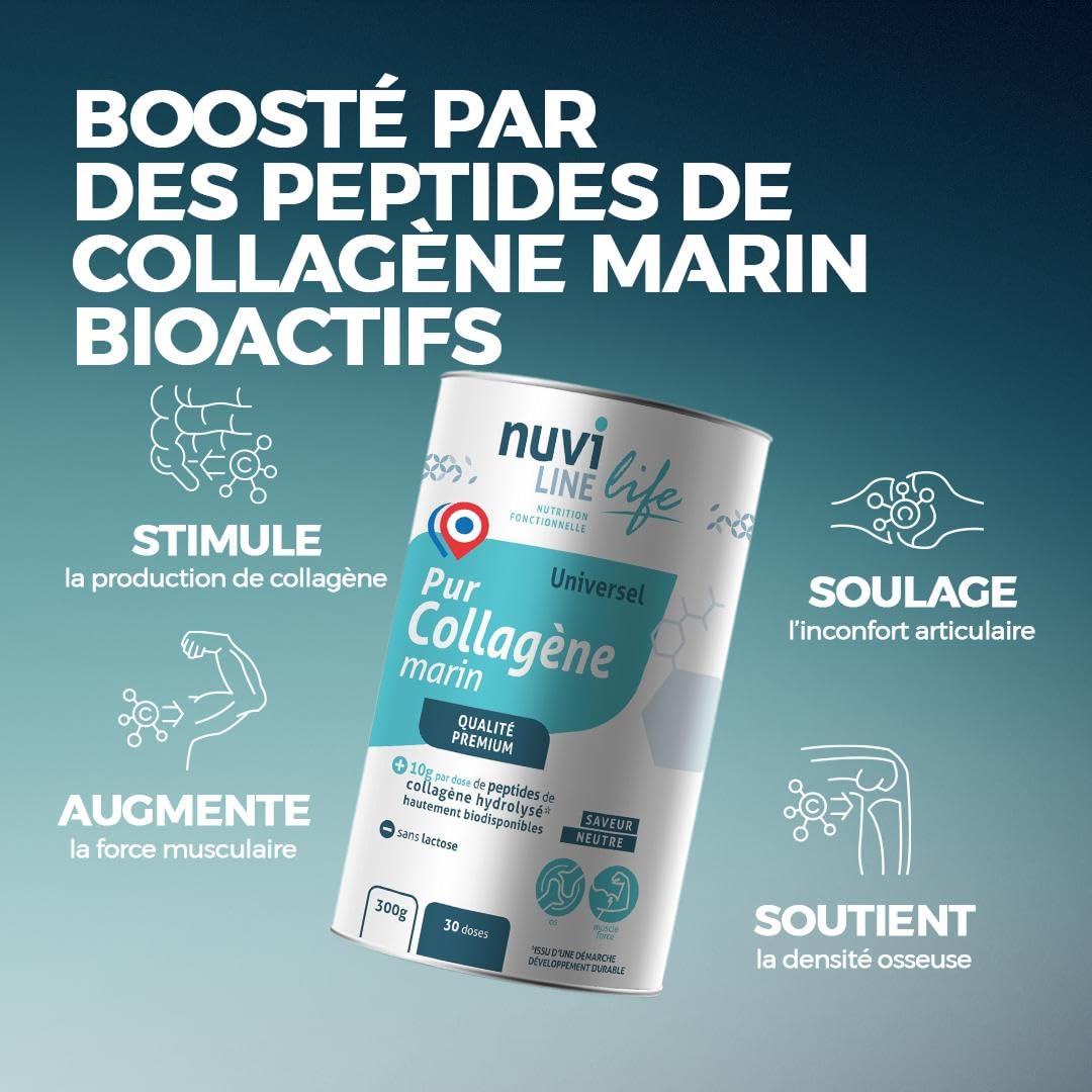 NUVILINE Life - Pur Collagène Marin Universel - Collagène Hydrolysé En Poudre - Muscles, Os & Articulations - Qualité Premium - Fabriqué En France - 300g (30 doses)