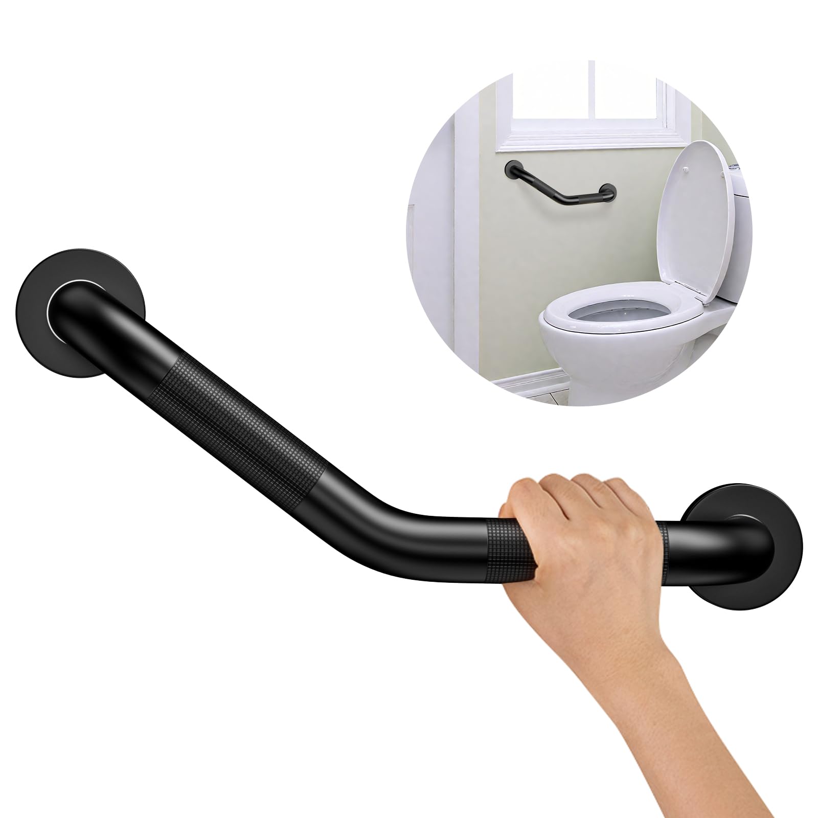 Photo 1 of 16 Inch Angled Shower Grab Bar,Munzong Black Anti Slip Bathroom Grab Bar, Knurled Bathroom Balance Bar,Safety Hand Rail Support Handicap Elderly Injury Senior Assist Bath Handle