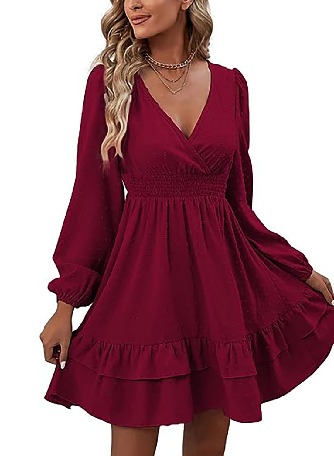 MAFA Damska minisukienka z dekoltem w serek, linia A, elegancka, wysoka talia, długi rękaw, sukienka na, burgundowy, XL