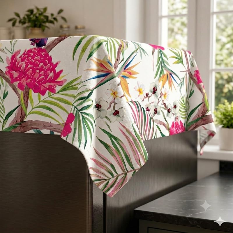 Image of Double Door Fridge Cover 400+L | 450 GSM Durable Fridge Top Cover with Tassels |Fits Godrej, LG, Haier, Samsung Models| Dustproof Refrigerator Cover Mat in Floral Print | WWW.THROWPILLOW.IN