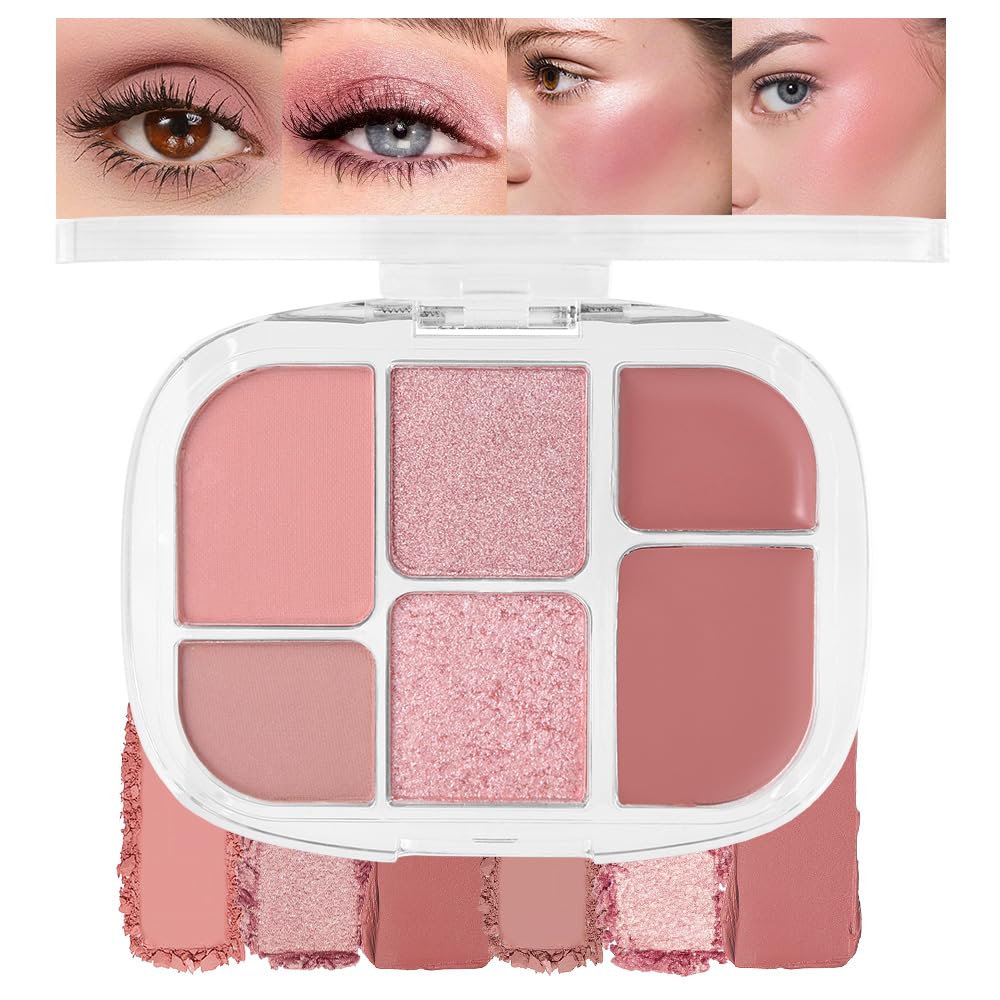 6-in-1 Cream & Powder Blush Highlighter & Eyeshadow Makeup Palette, Neutral Nude Pink Matte & Shimmer Makeup Palette, Comprehensive Face Makeup Plate for Women Daily, Vegan and cruelty-free, 02