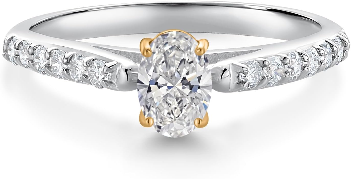 Gem Stone King 925 Silver and 10K Yellow Gold Lab Grown Diamond and White Lab Grown Diamond Engagement Ring For Women | 0.58 Cttw | Oval 6X4MM | Gemstone April Birthstone