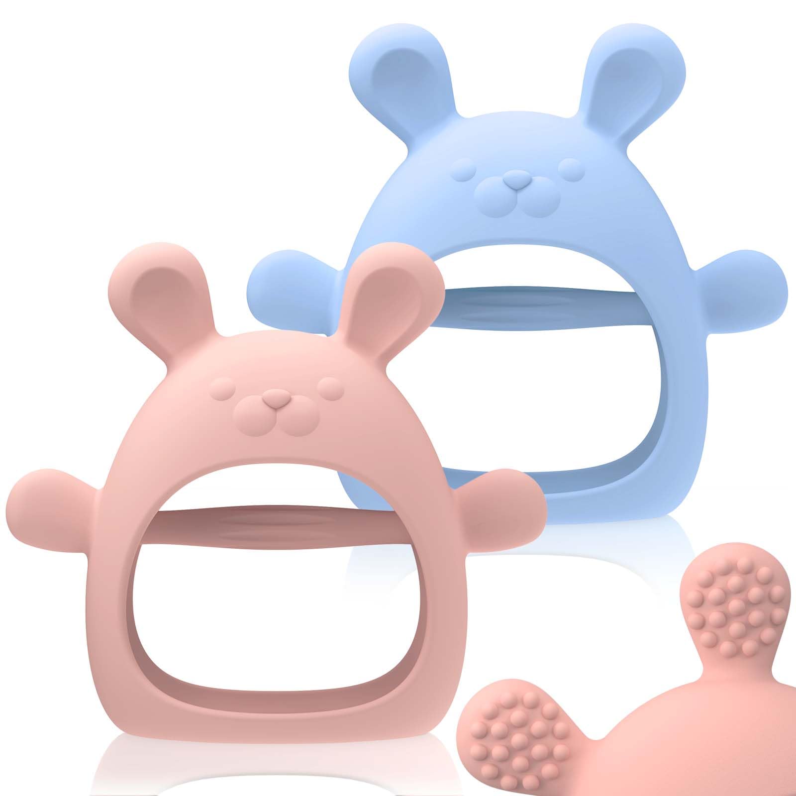 Baby Teething Toys Silicone 2 Pack Teethers Pacifier for Babies Over 3 Months Anti Dropping Wrist Hand Teethers Mitten Baby Chew Toys for Sucking Needs, BPA Free (Blue & Pink)