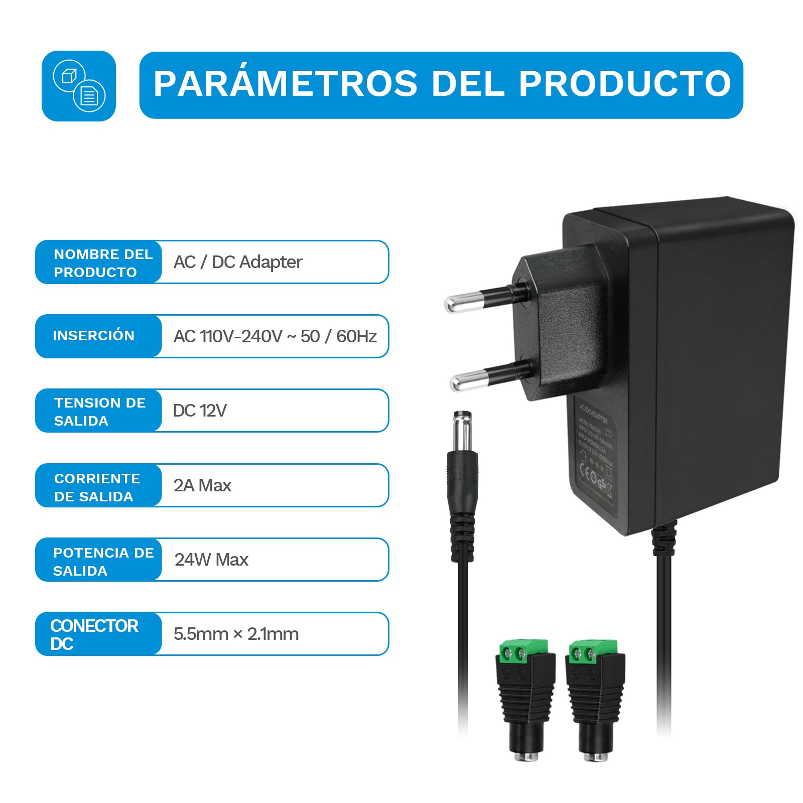 Transformador 220V A 12V - Cargador Universal 200-240V 50-60HZ, Adaptador 12V 2A 220V 24W, Cargador Portatil Universal, ara Tiras LED, Routers Inalámbricos, HUB, Interruptor, 2 Metros Cable