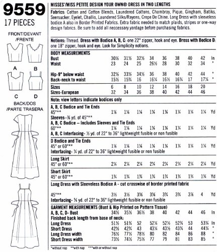 Abito da donna in due lunghezze Simplicity 9559 - Cartamodello per cucito, misura 38-40-40