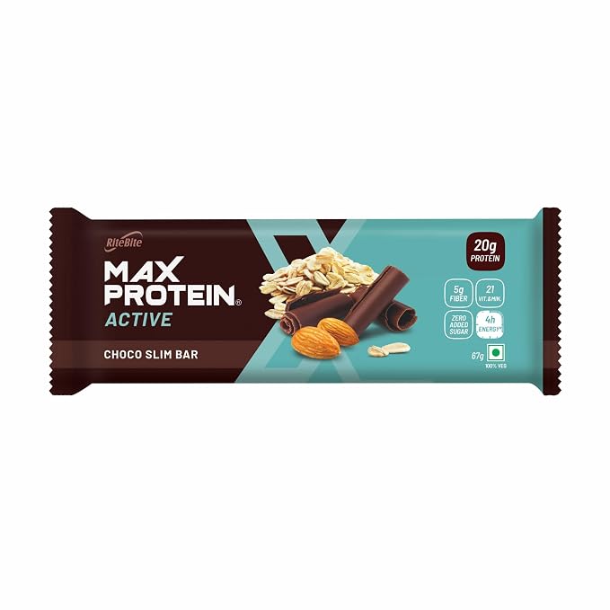 RiteBite Max Protein Active Choco Slim Bar with 20g Protein, 5g Fiber, Vitamins & Minerals | For 4h of Sustained Energy, Healthy Snack for Men & Women (Pack of 1)