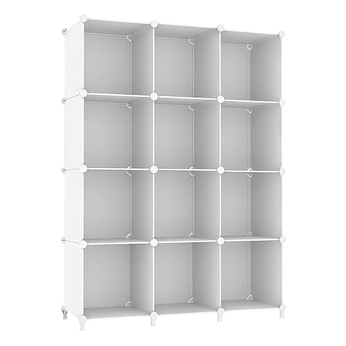 AWTATOS Cube Storage Organizer Storage 12 Cube Bookshelf DIY Plastic Closet Clothes Storage Shelves with Wooden Mallet, Stackable Storage Solution for Home, Bedroom, White - White
