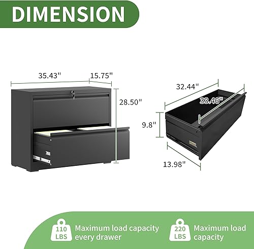 Miniatura 9 de VIYET Archivador lateral con cerradura, archivadores de metal de 2 cajones, gabinete de almacenamiento de oficina en casa para colgar archivos
