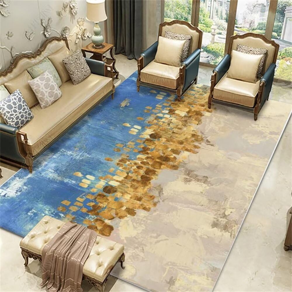 Tapis de chambre garçon antidérapant bleu 140x200 motif feuilles