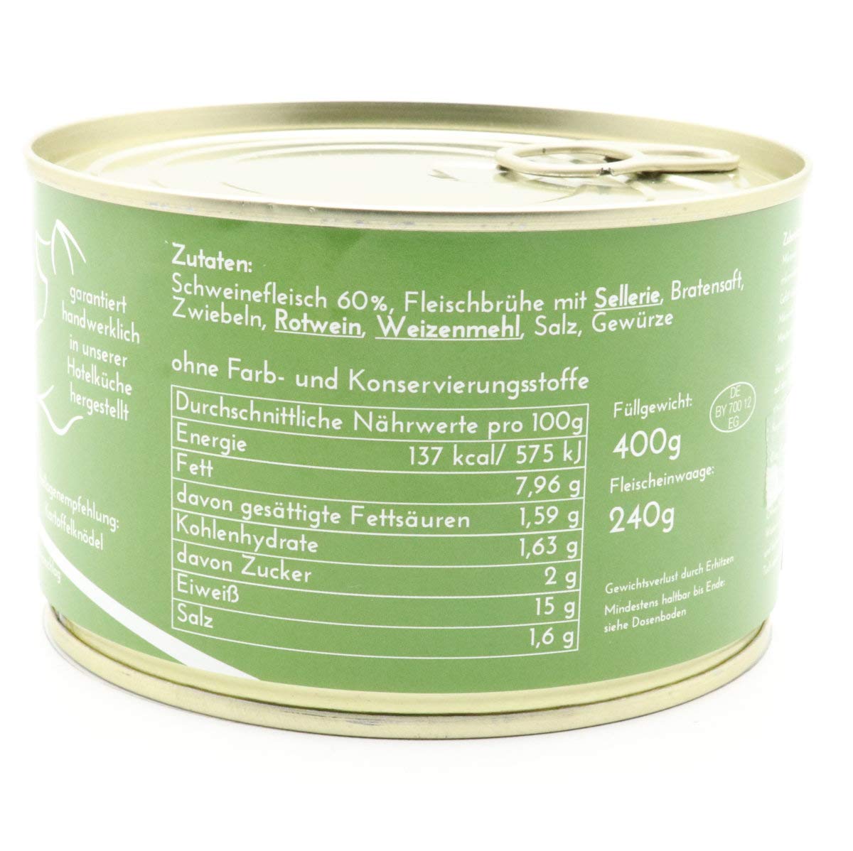 Konserven Probier Paket DIEM (smażenie wołowiny, gulasz, smażenie na kwannie, pieczenie wieprzowe, namioty z siatki na świnie) 5 x 400 g konserwa – pakiet pieczeń