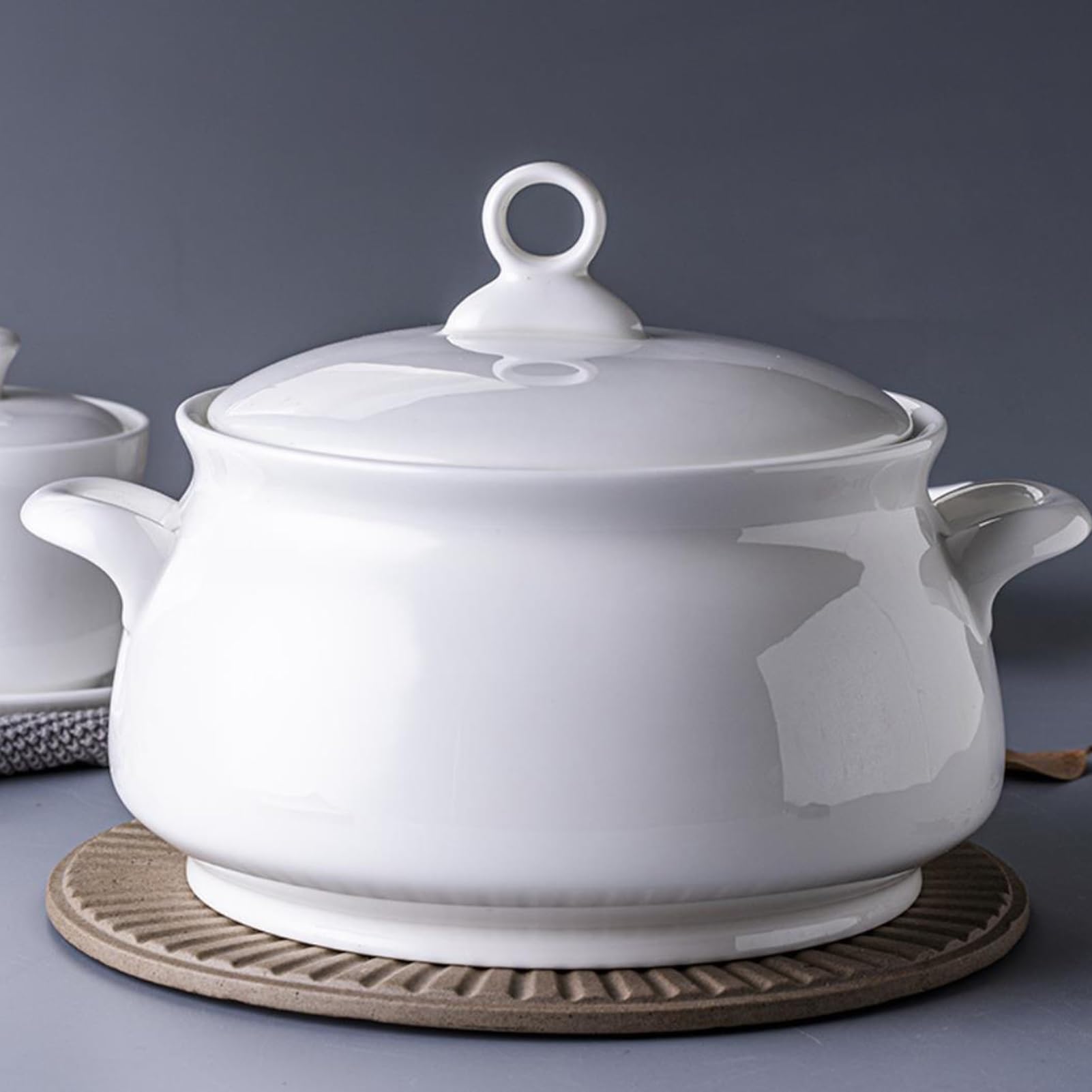 Soupière en céramique blanche, grande capacité,bol de service en porcelaine | Avec couvercle et poignées, idéale pour les fêtes et les repas de famille