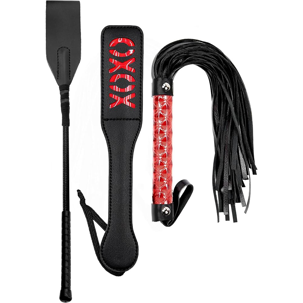 Fusta para Caballos, Juguetes para Parejas, Juego para Parejas, Puntero Negro Doble, látigo Trenzado Rojo, Juego de 3 Piezas de Pala Doble Negra y roja