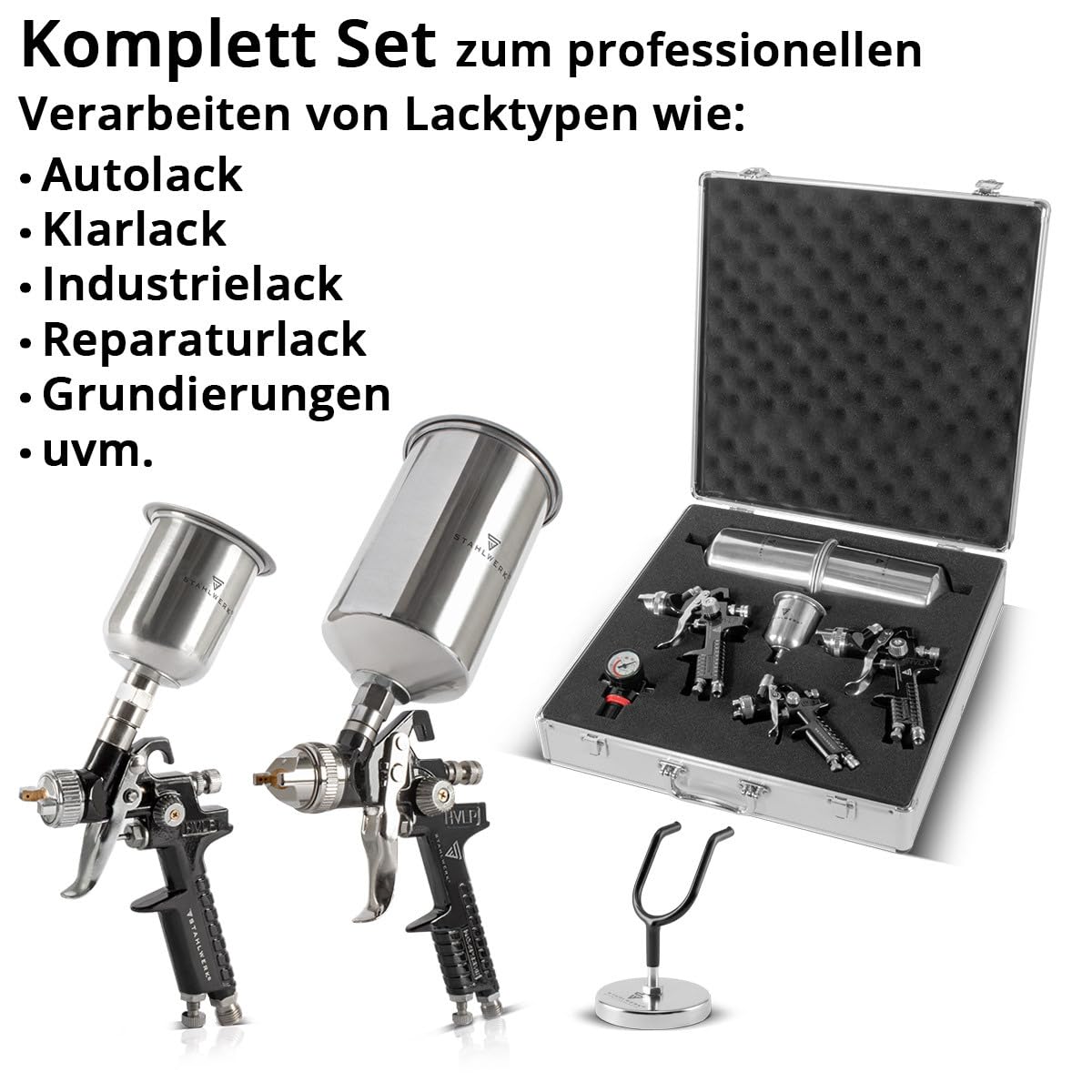 STAHLWERK HVLP Lackierpistolen 3er Set SGS-1125 ST – 21-teilig | Druckluft-Lackierpistolen mit Düsensatz 0,8/1,4/1,7 mm, inklusive Lackierpistolen-Halter