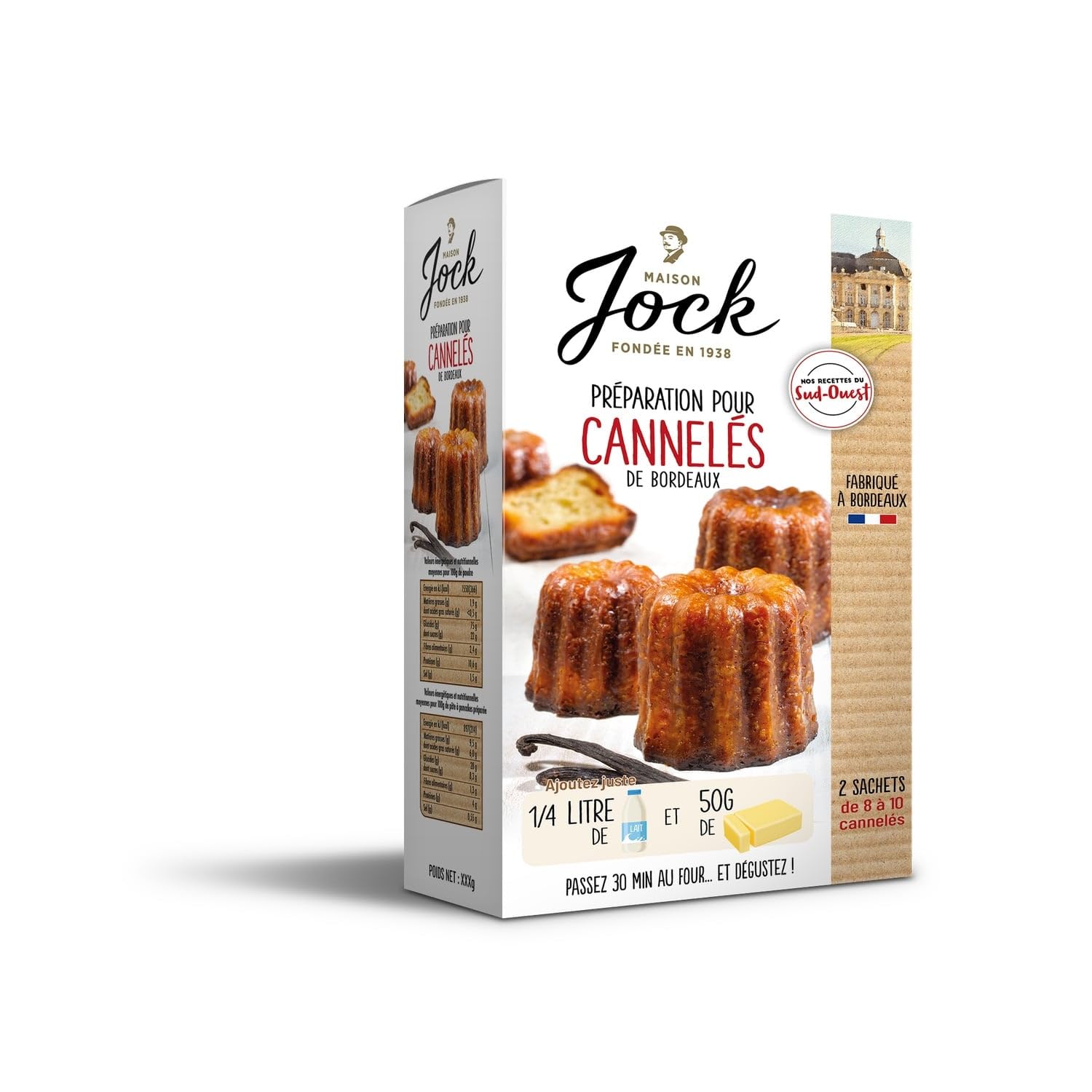 JOCK Préparation pour Cannelés de Bordeaux - 390g - 2 sachets pour 16 à 20 cannelés - Fabriqué à Bordeaux depuis 1938 - Ajoutez lait et beurre pour des desserts maison authentiques - Lot de 3