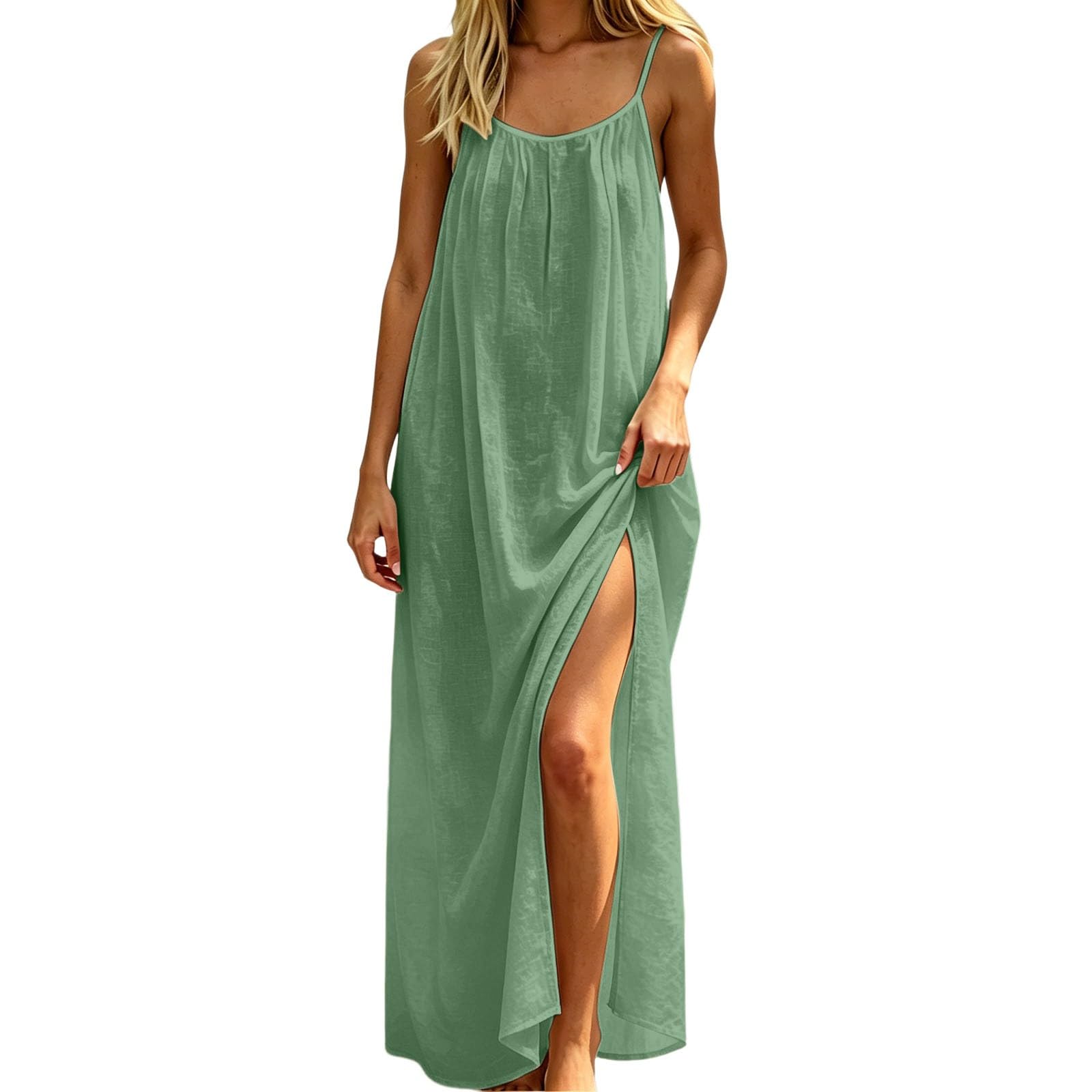 Abito da donna con schiena scoperta, in lino, con spalline sottili, senza maniche, estivo, elegante, casual, a tunica, tinta unita, leggero, maxi abito lungo