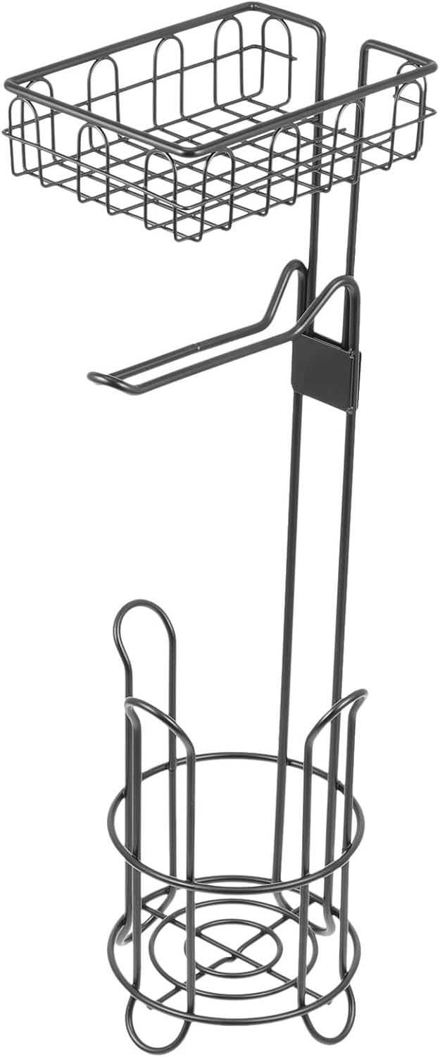 Freestanding Toilet Paper Holder with Iron Mesh Roll Paper Rack Black Bathroom Tissue Organizer Stand for Bathroom Storage and Napkin Dispensing