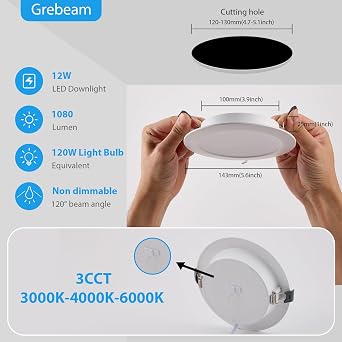12 Pack LED Downlights Ceiling 12W IP44 3CCT 1080LM, Cutout 120-130mm [Energy Class F]
