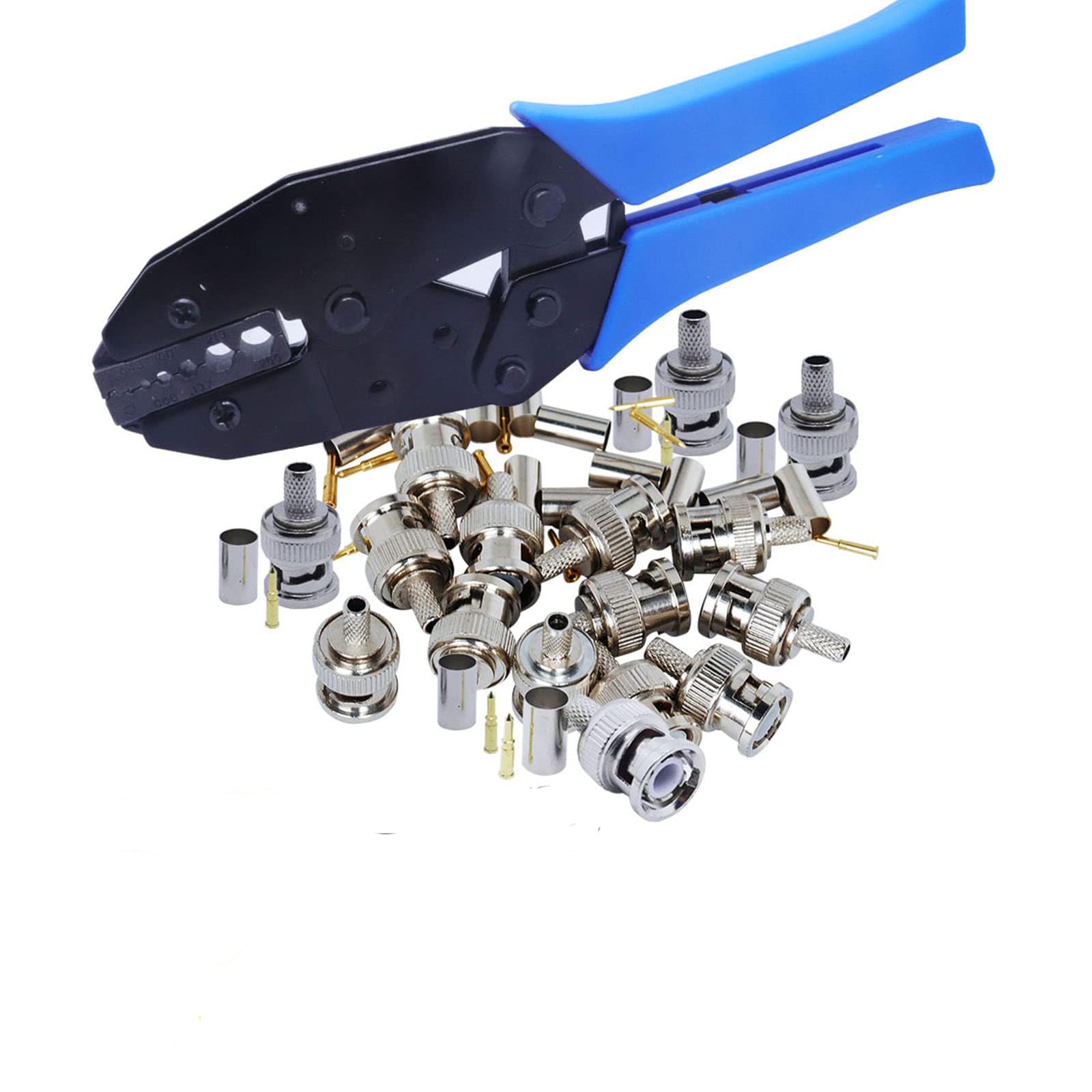 Kit de herramientas de crimpado BNC, 20 conectores, herramienta de crimpado de acero al carbono con bloqueo integral, incluye cortador