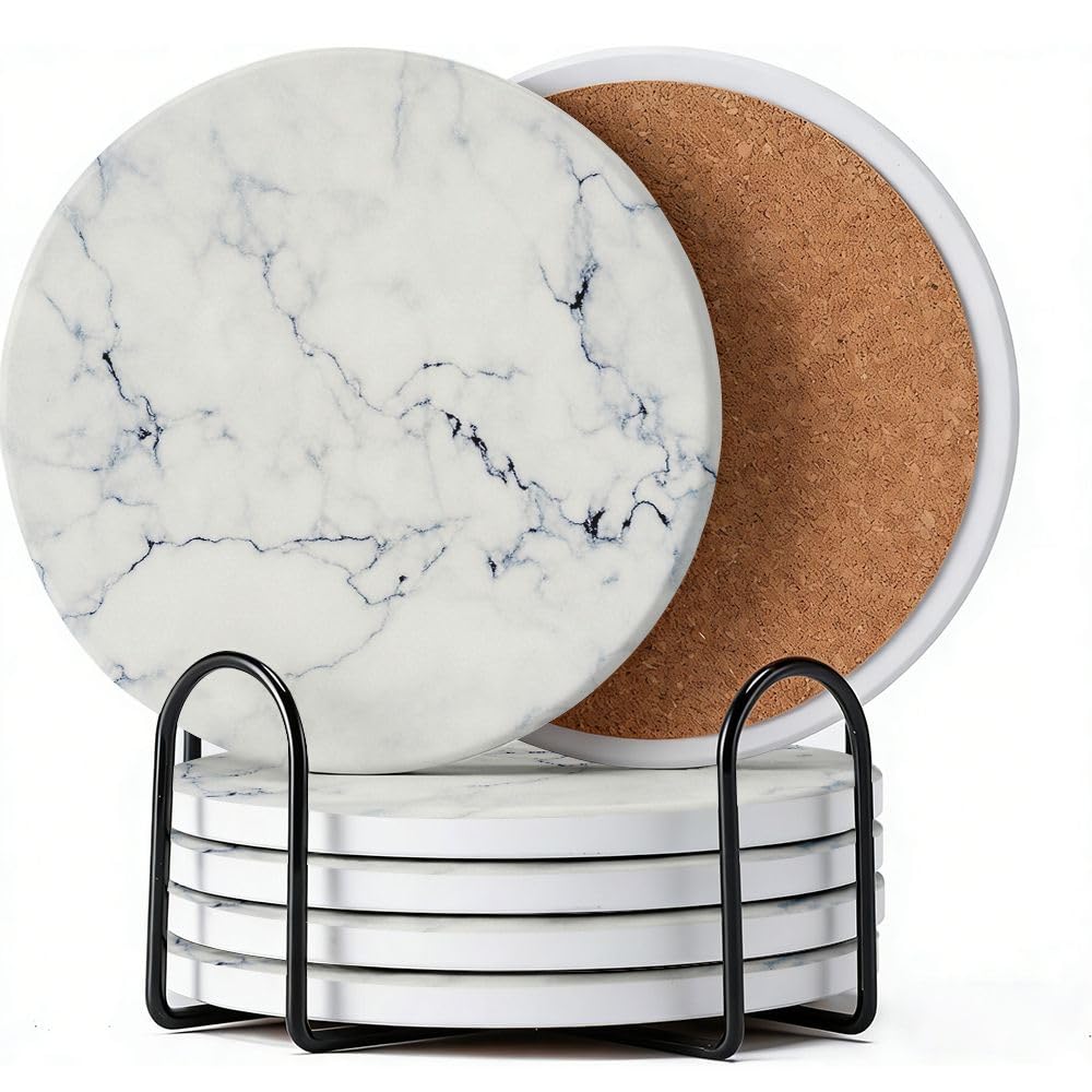 Ceramic Coasters Set of 6, Marble Style,White