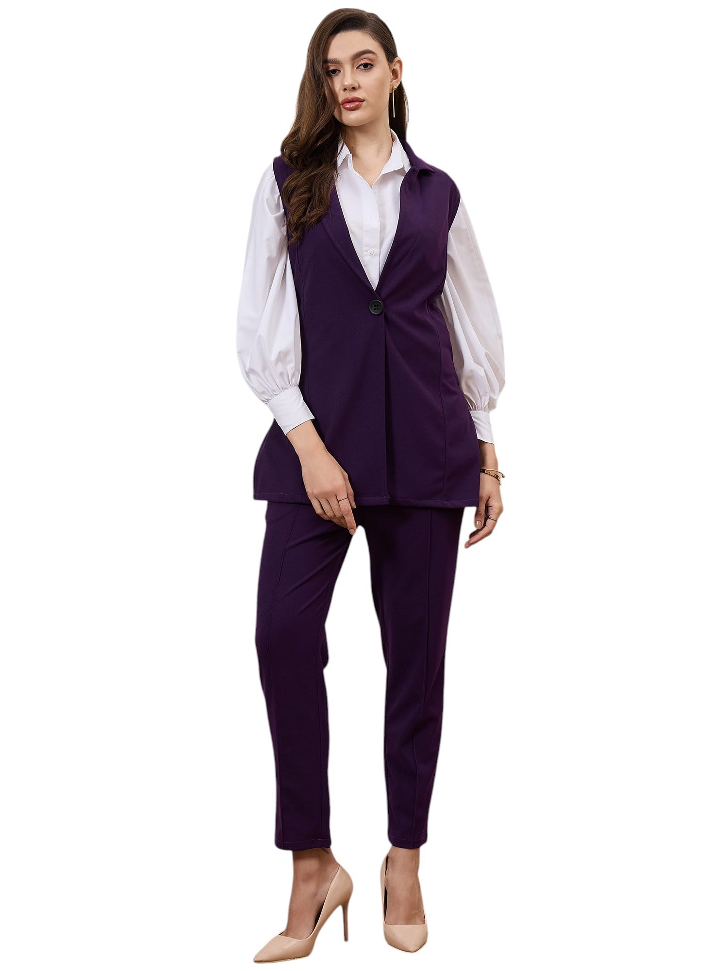 Purple solid longline sleeveless blazer with slim-fit trouser-image-28