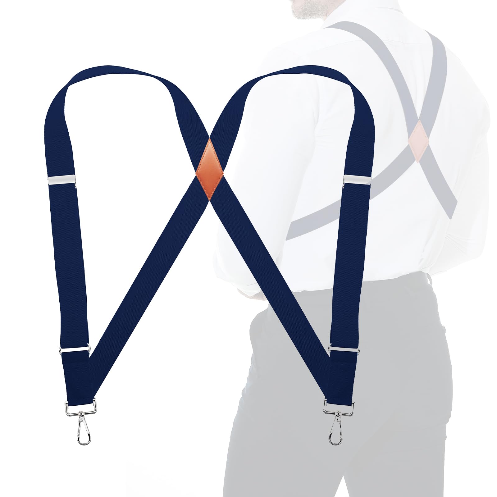 JTCMOJS Mens Trucker Side Clip Suspenders Heavy Duty X Back 1.4" Wide Brace Gift, Navy Blue, Medium