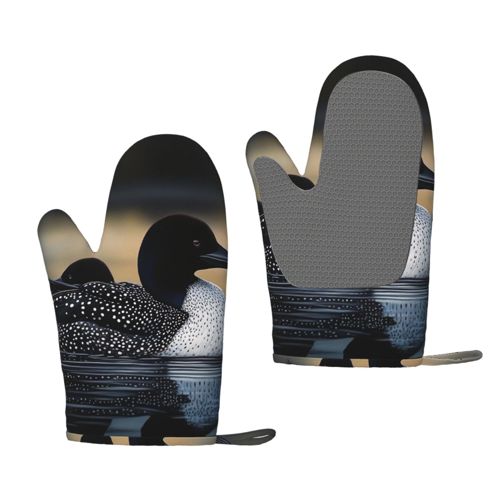 Oven Mitts Sets of 2 Heat Resistant Kitchen Gloves Loon Birds Oven Mitts BBQ Oven Gloves Non-Slip Silicone Oven Mitts Waterproof Cooking Safety Gloves for Kitchen Baking Cooking